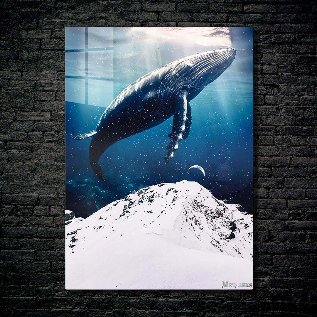 Giant blue whale and white mountain