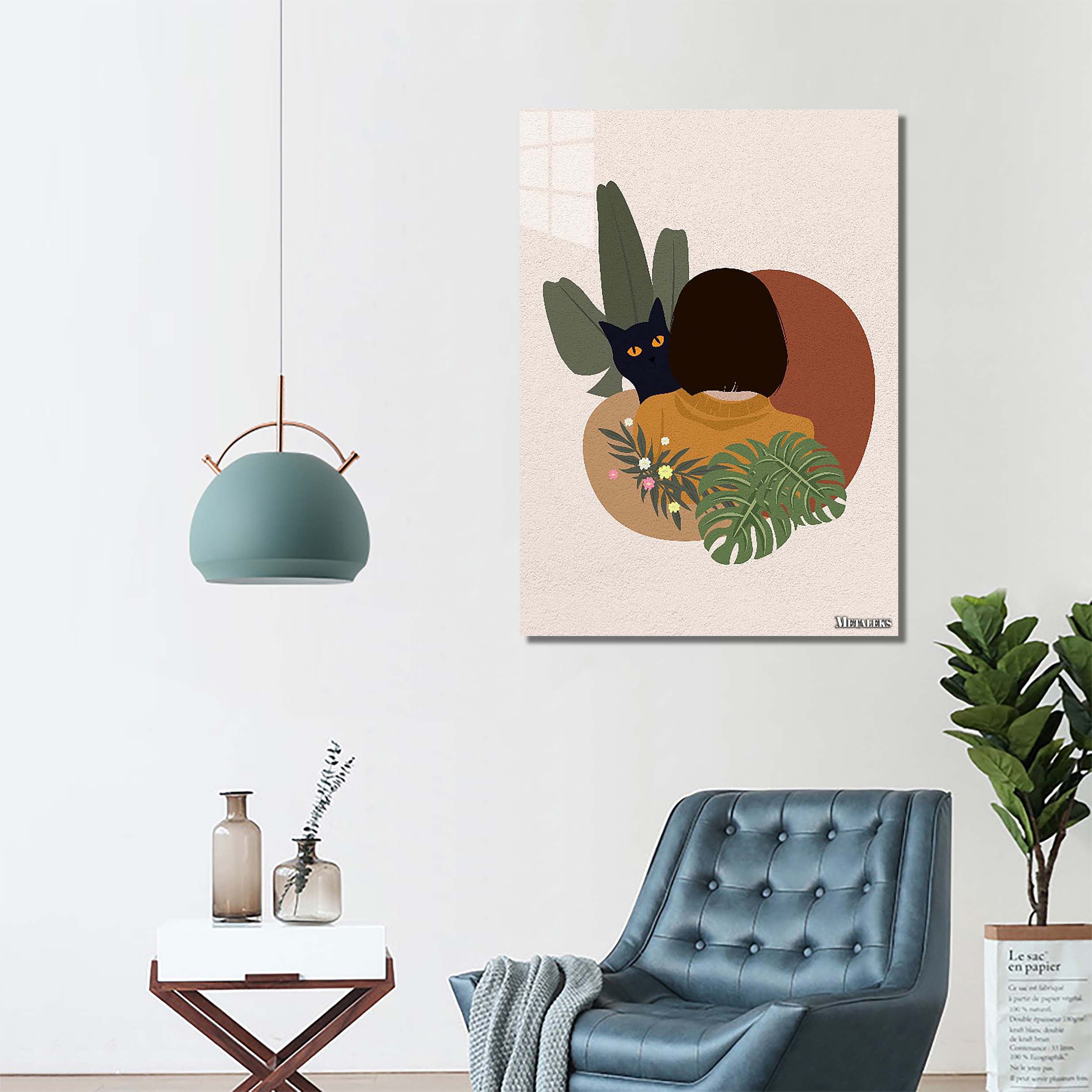 Minimal art cat and plant with beautiful woman-designed by @MINIMALUST