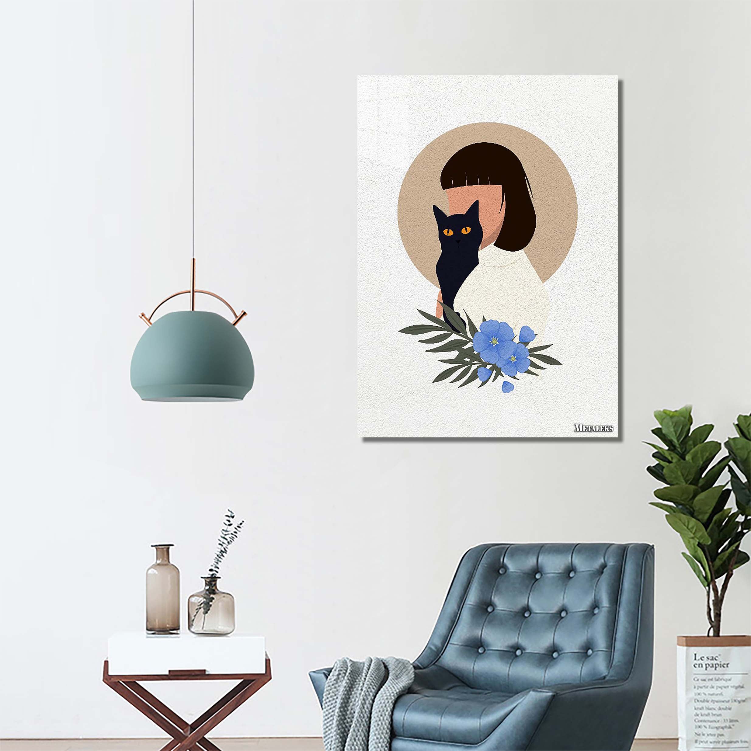 Minimal art illustration simple girl and cat with purple flower-designed by @MINIMALUST