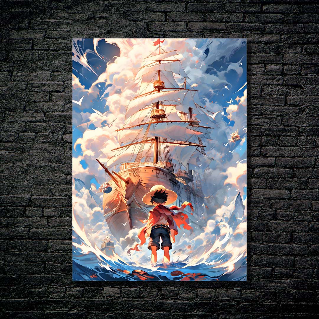 Monkey D Luffy in Sea with ship from one piece-designed by @Vid_M@tion