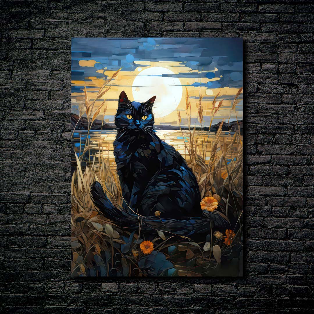 black cat painting gold moon-designed by @MUFID ART